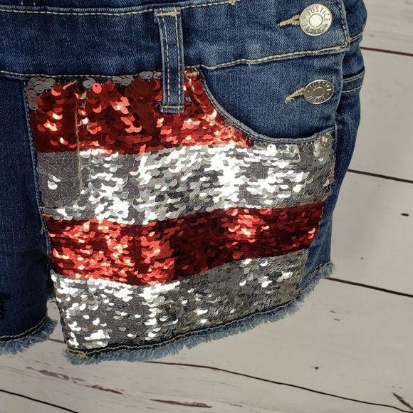 Justice Girl’s Denim Sequin American Flag Summer Shortalls Overalls Size‎ 12 - Picture 7 of 13